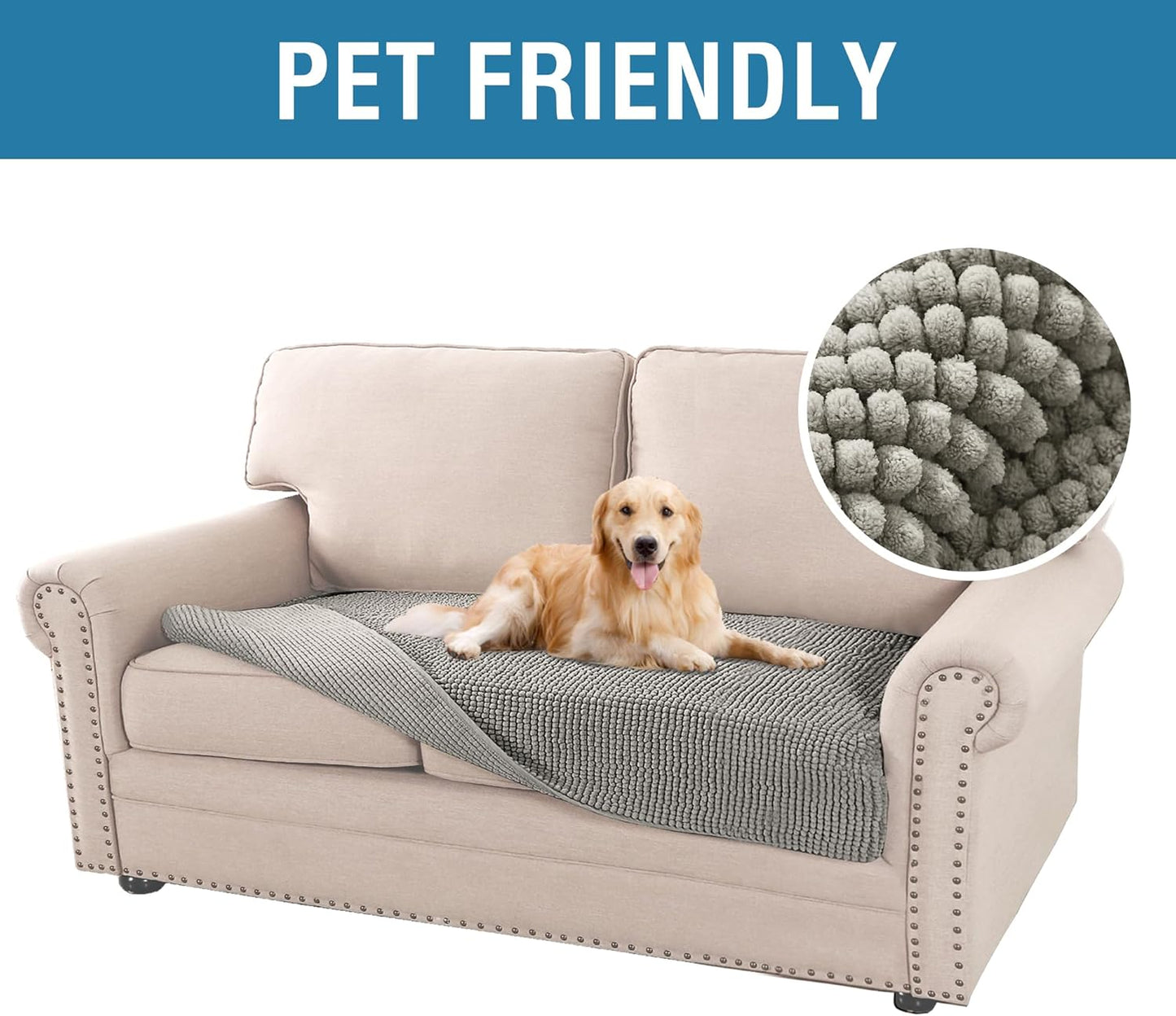 H.VERSAILTEX Plush Chenille Dog Bed Cover Thick Soft Loveseat Cover for 2 Cushion Couch Anti Slip Couch Cover Furniture Protector for Dog, Pet, Cat (35" x 62", Dove)