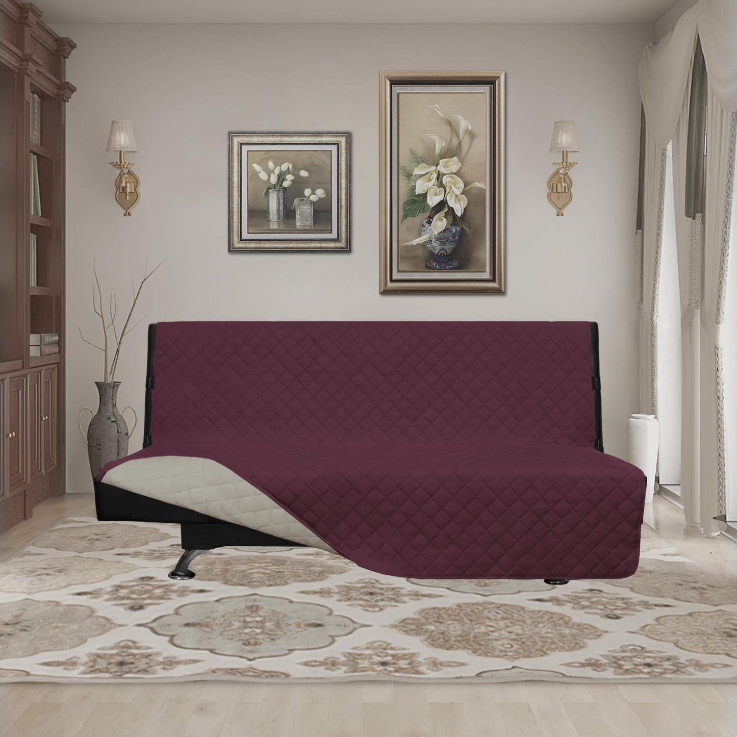 Easy-Going Futon Sofa Slipcover Reversible Sofa Cover Armless Futon Cover Furniture Protector Couch Cover Water Resistant Pets Kids Children Dog Cat (Futon, Wine/Beige)