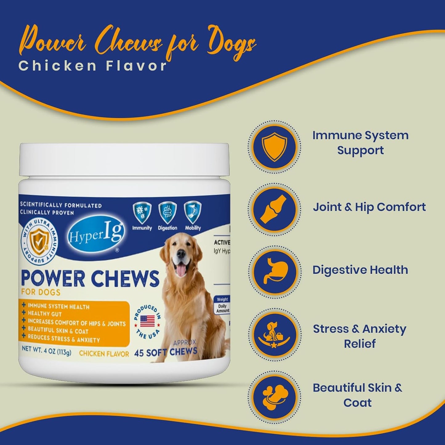 Dog Power Chews, 45 Soft Chews - Immune & Joint Support, Stress Relief, Anxiety, Skin & Coat Health, IgY Hyperimmune Protein Supplement for Mobility, Calming & Coat Health | Chicken Flavor - (113g)