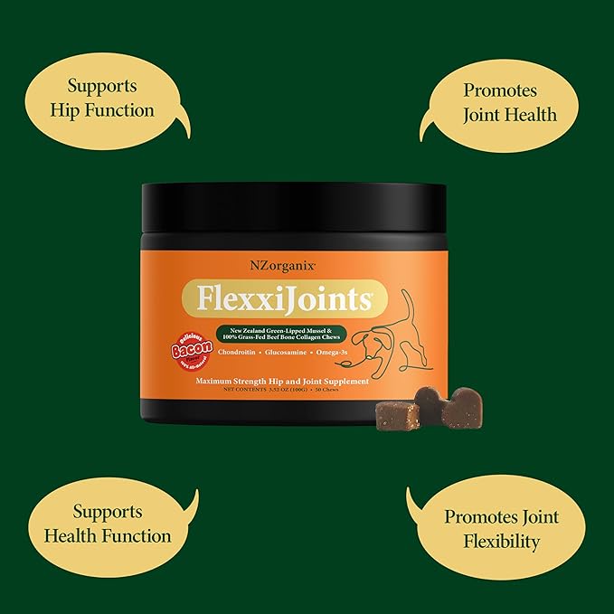 NZorganix FlexxiJoints Hip and Joint Supplement Chews for Dogs, Cats • 100% Grass-Fed Beef Bone Collagen New Zealand Green-Lipped Mussels • 50 Chews