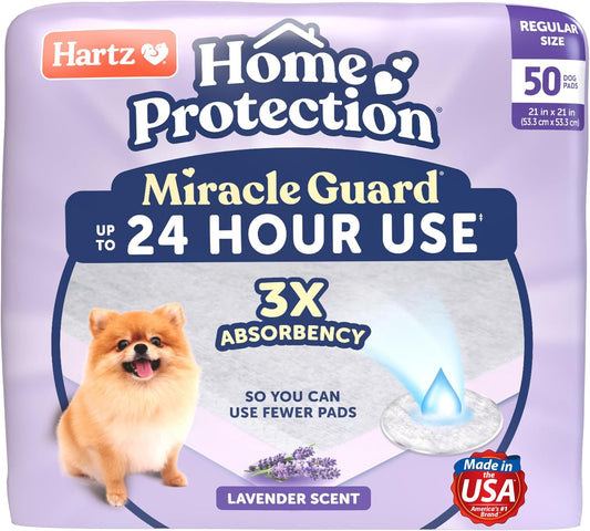 New! Hartz Home Protection Miracle Guard Lavender Scented Dog Pads, Regular Size 50 Count, 24 Hour Use, Won't Leak and Odor Eliminating