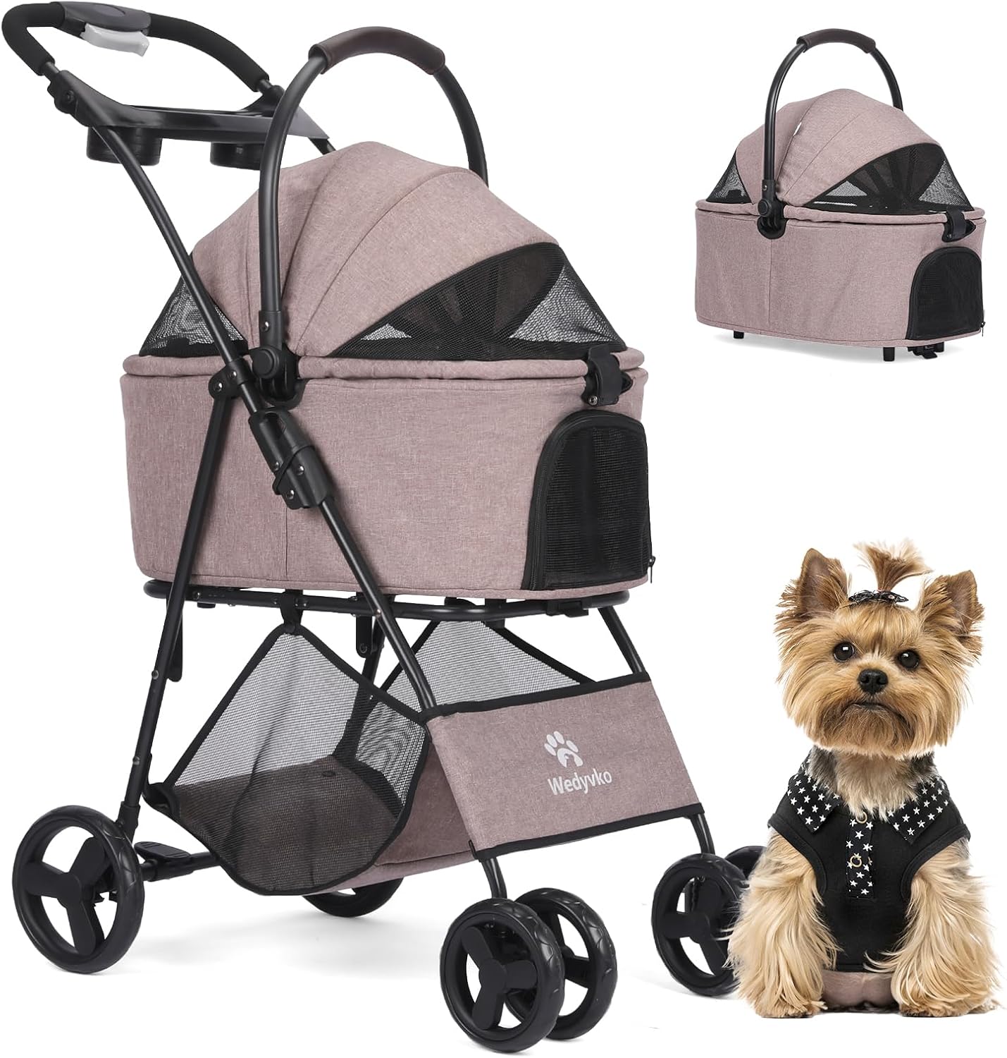 Pet Stroller, 4 Wheels Pet Strolling Cart for Medium/Small Dogs and Cats, Foldable Cat Jogger/Dog Stroller with Cup Holder, Storage Basket, Breathable Mesh, All-Season Pet Carrier (Coffee)