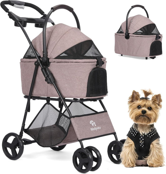 Pet Stroller, 4 Wheels Pet Strolling Cart for Medium/Small Dogs and Cats, Foldable Cat Jogger/Dog Stroller with Cup Holder, Storage Basket, Breathable Mesh, All-Season Pet Carrier (Coffee)