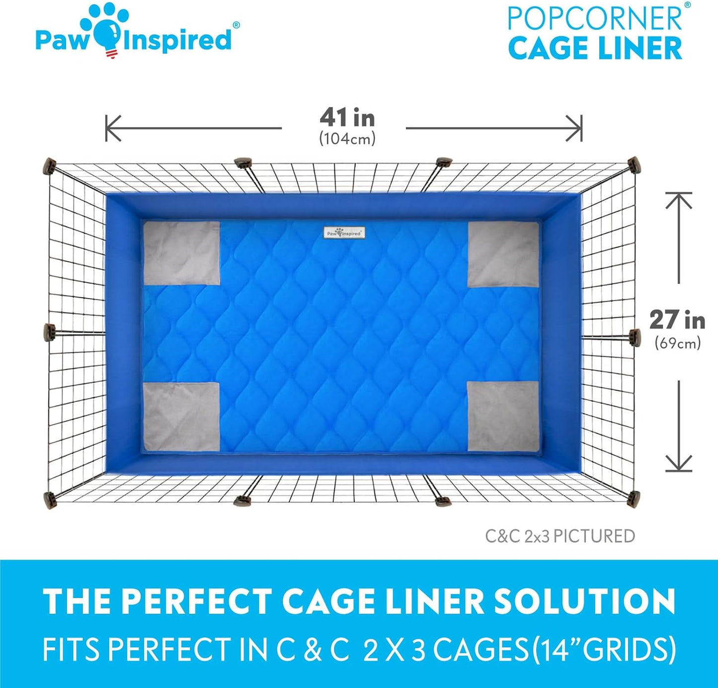 Paw Inspired PopCorner Guinea Pig Cage Liners | Washable Fleece Bedding or Pet Bed Mat for Small Animals | Super Absorbent Pee Pad with Reinforced Corners and Waterproof Bottom (C&C 2x3, Blue)