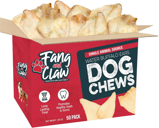 Fang & Claw 50 Count Water Buffalo Ears for Dogs – 100% Natural, Single-Ingredient, Long-Lasting Rawhide Alternative, Grain-Free