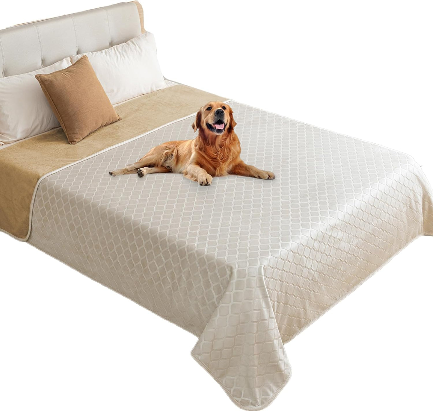 fuguitex Waterproof Dog Blanket Bed Cover Dog Crystal Velvet Moroccan Fuzzy Cozy Plush Pet Blanket Throw Blanket for Couch Sofa(82 * 102 inch, Cream+Sand)