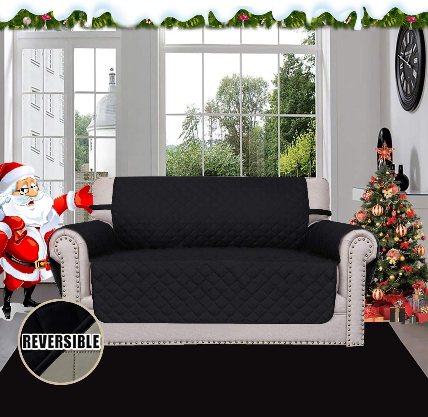 Easy-Going Reversible Loveseat Couch Cover for 2 Cushion Couch Sofa Cover for Dogs Water Resistant Furniture Protector with Foam Sticks Elastic Straps for Pet (Loveseat, Black/Beige)