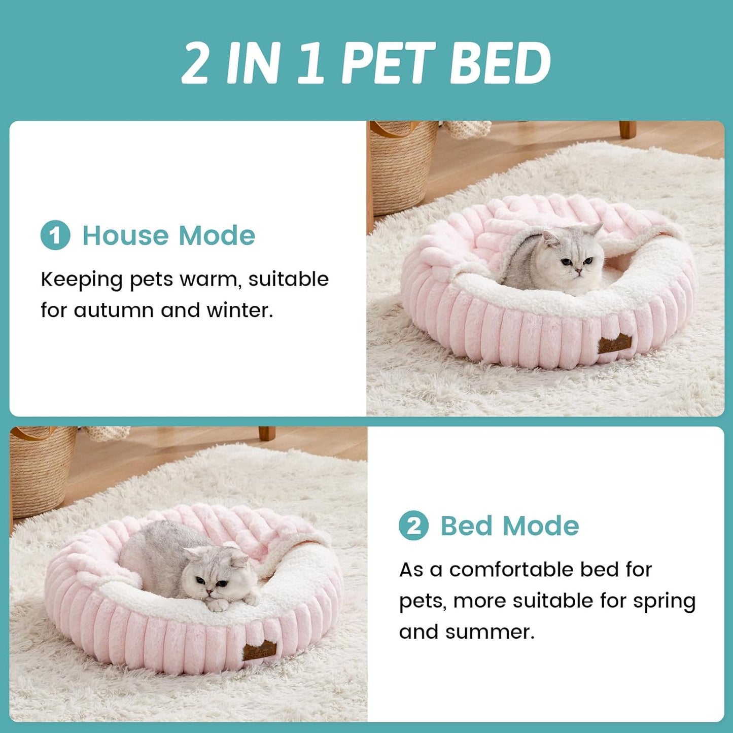 Cat Bed with Hooded Blanket, Round Fluffy Anti-Anxiety Pet Bed for Cats/Small Dogs, Cozy Donut Cuddler with Machine Washable Faux Fur & Anti-Slip Bottom(23"×23"×6",Pink)