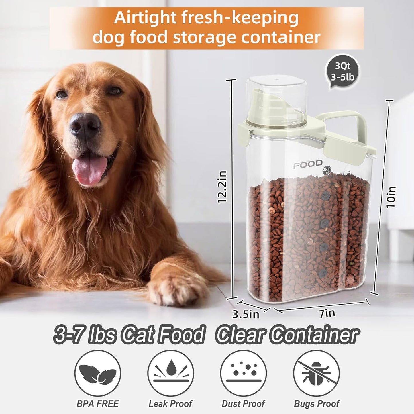 Dog Food Storage Container, Upgraded Large Nozzle BPA-free, 3-5 LBS Plastic Pet Food Storage Containers, With 4 Sealed Clasps, 1 Measuring Cup and Handle (Beige)
