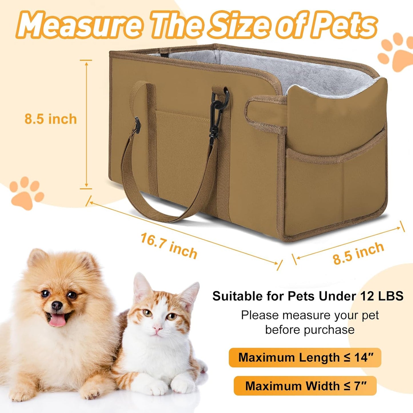 Portable Dog Car Seat for Small Dogs - Adjustable Safety Leash, Washable Cushion & Storage Pocket - Pet Booster Seat for Car Travel- Khaki