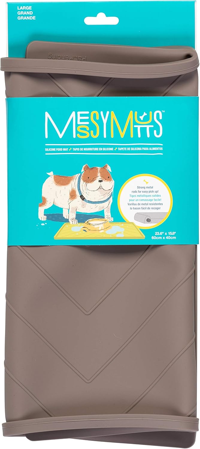Messy Mutts Silicone Non-Slip Dog Bowl Mat with Raised Edge and Two Sides Reinforced with Metal Rods | Dog/Cat Bowl Mat with Spill-Proof Lip | Medium, 20” x 12” | Dark Grey