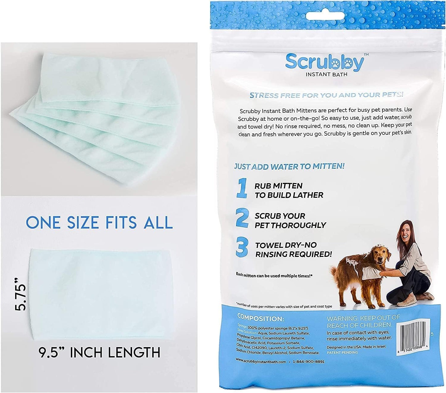 No Rinse Wipes | Rinse Free Shampoo Mittens | Dogs & Cats | Bath Wipes | Bathing & Washing Pets, Hypoallergenic | No Rinse Wash Mitt | Grooming, Lather Wipe Dry - Pack of 20