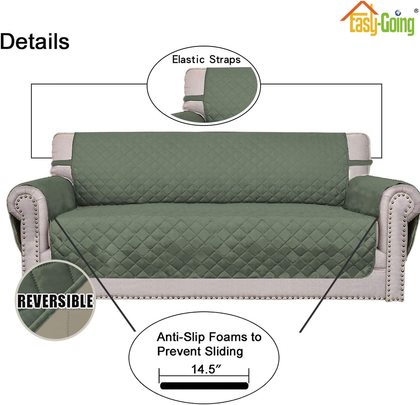 Easy-Going Reversible Couch Cover for 3 Cushion Couch Sofa Cover for Dogs Water Resistant Furniture Protector Cover with Foam Sticks Elastic Straps for Pet Cat (Sofa, Greyish Green/Beige)