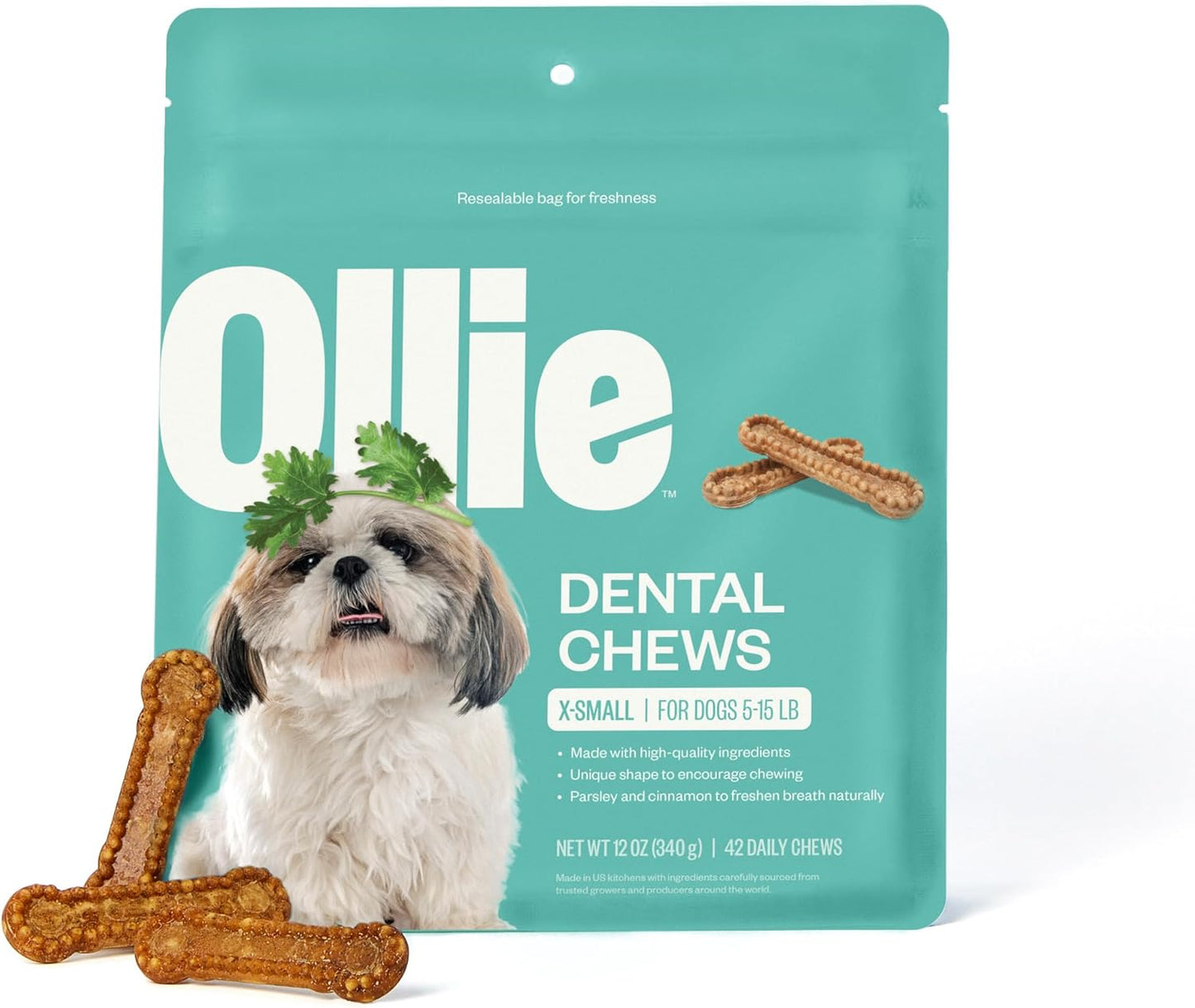Ollie Dental Chews for Extra Small Dogs, 12 Oz, Fresh Breath, Teeth Cleaning Treats, Sticks for Dog Oral Care, with Parsley and Cinnimon, for Pups 5-15 lbs