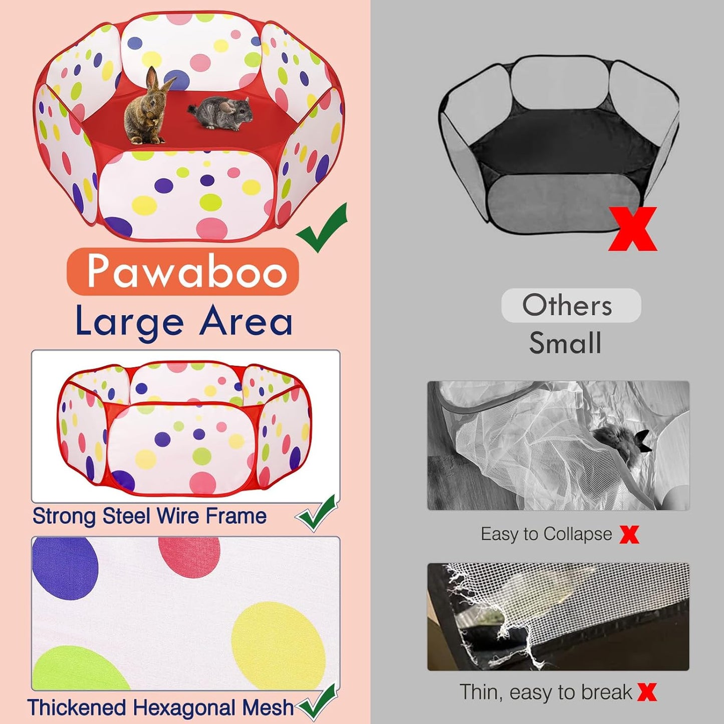 Pawaboo Small Animals Playpen, Waterproof Small Pet Cage Tent with Strong Steel Wire Frame, Portable Outdoor Yard Fence for Chick/Kitten/Puppy/Guinea Pig/Rabbits/Hamster/Chinchillas, Red + Polka Dots