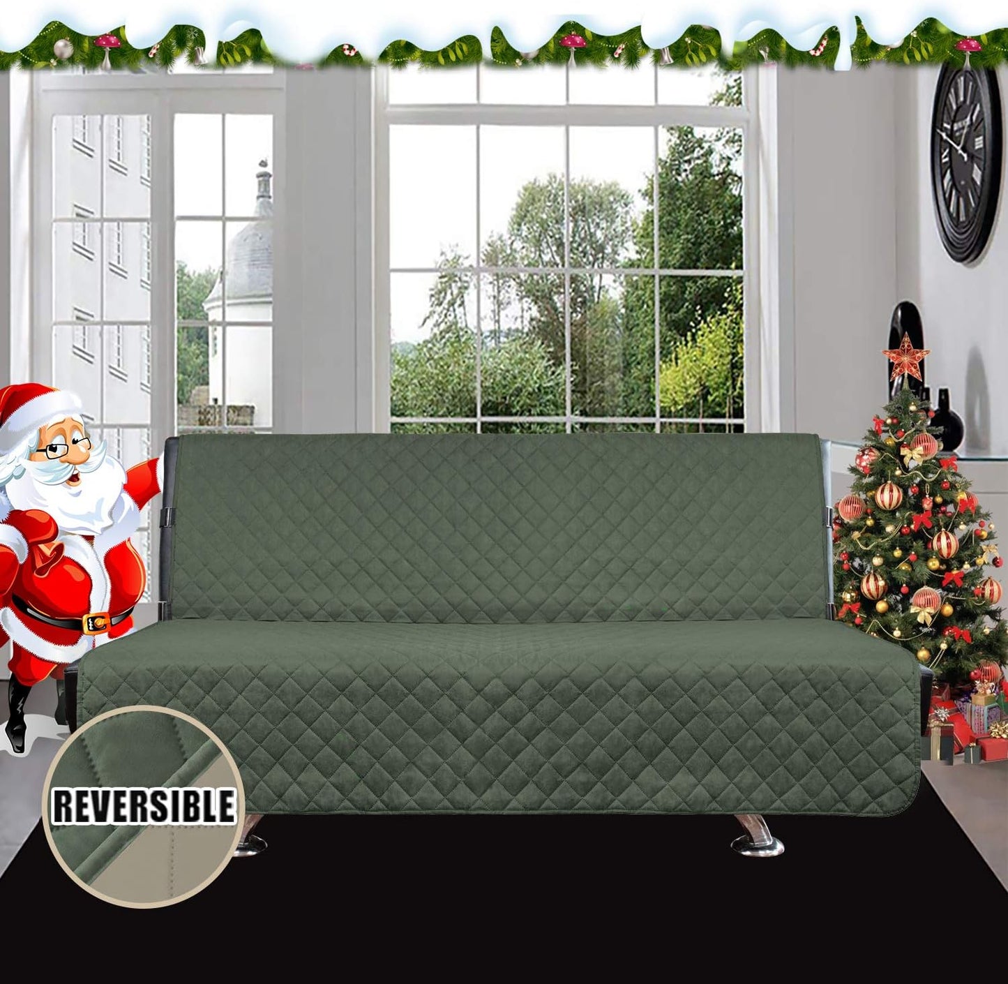 Easy-Going Futon Sofa Slipcover Reversible Sofa Cover Armless Futon Cover Furniture Protector Couch Cover Water Resistant Pets, Kids, Children, Dog, Cat (Futon, Greyish Green/Beige)