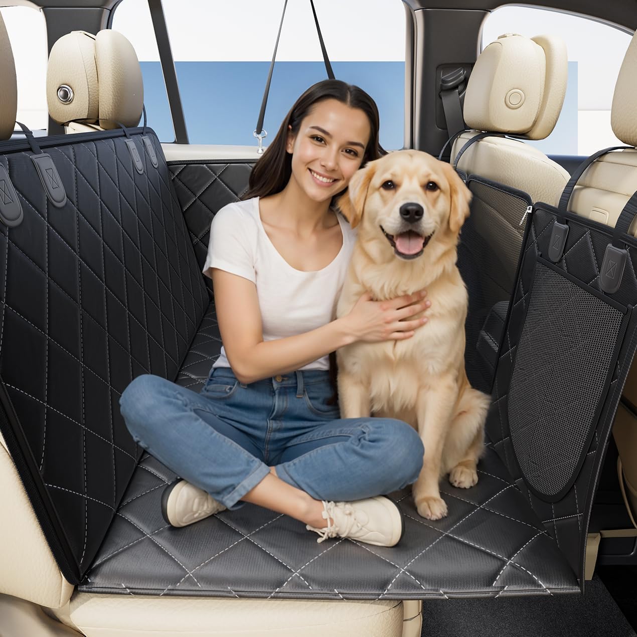 Dog Car Seat Cover for Back Seat Hard Bottom, 600D Waterproof Back Seat Extender, Durable Anti-scratch Nonslip Pet Dog Hammock for Car SUV Truck Travel