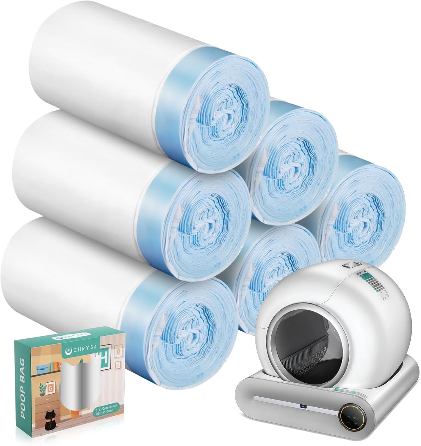 80 Count Waste Bags for Self-Cleaning Cat Litter Box, Replacement Extra Large Cat Litter Box Liners, 4 Rolls Drawstring Trash Bags for Robot, 20 x 18 Inches（4 Packs/80 Counts）