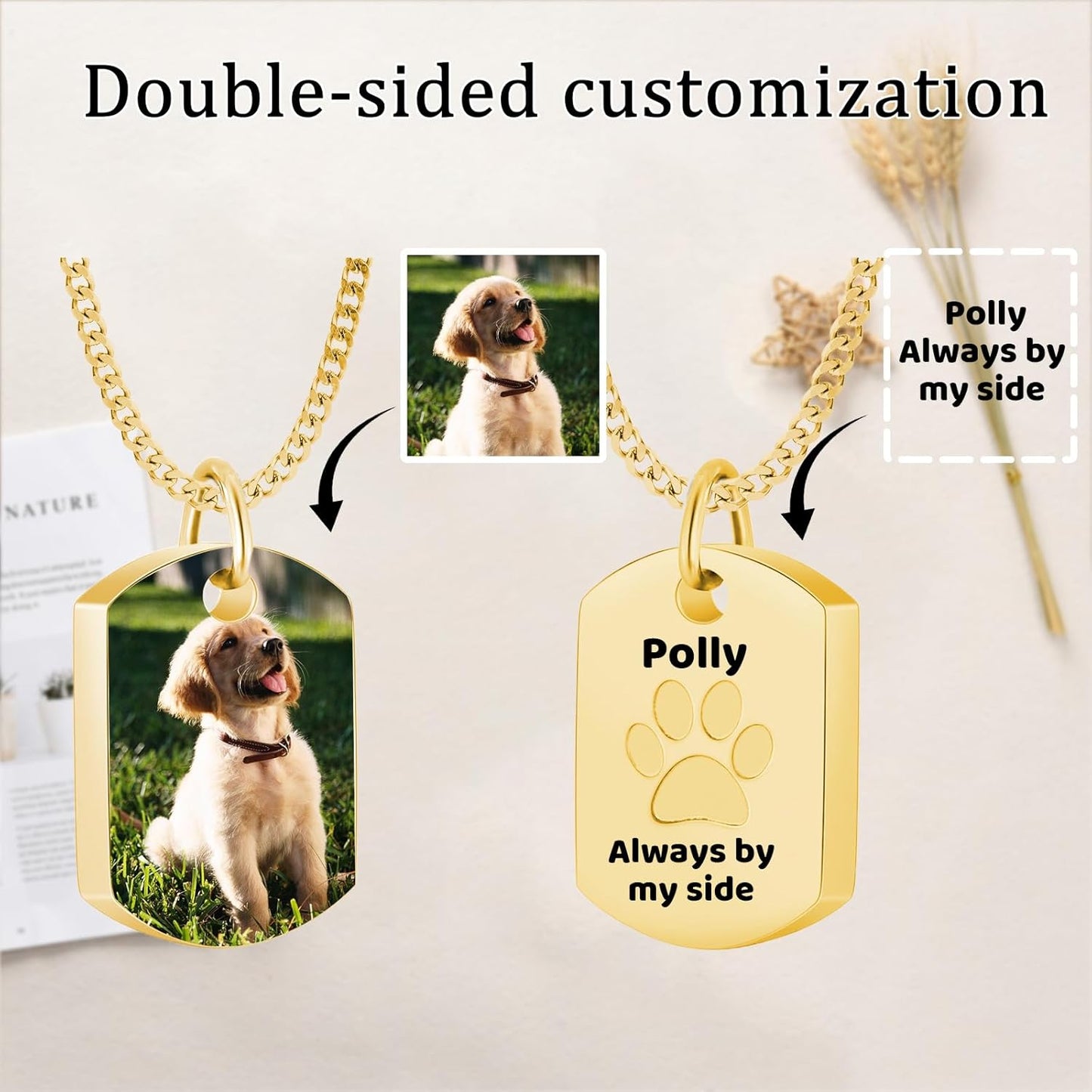 Personalized Pet Urn Necklace for Dog Ashes Custom Engraving Photo Text Pet Cremation Jewelry Customize Memorial Gift for Pet Dog Cat Ashes Necklace (05-Gold)