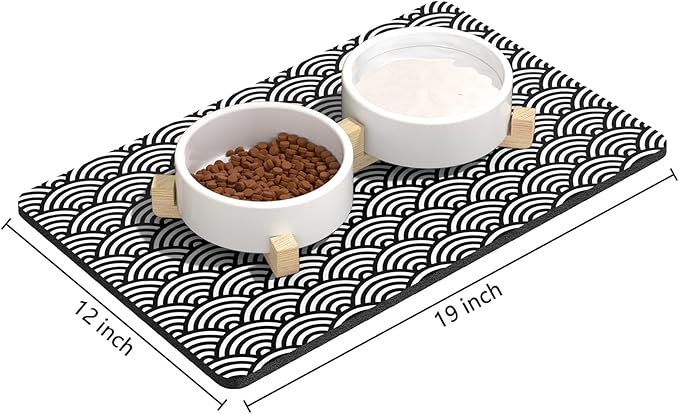Rnivvi Dog Food Mat, 12" x 19" Absorbent Dog Cat Bowl Mat for Food and Water, Cute Anti-Slip Rubber Pet Feeding Rug Protect Floors, Puppy Placemat for Feeding & Watering Supplies,Gray Rounded Wave