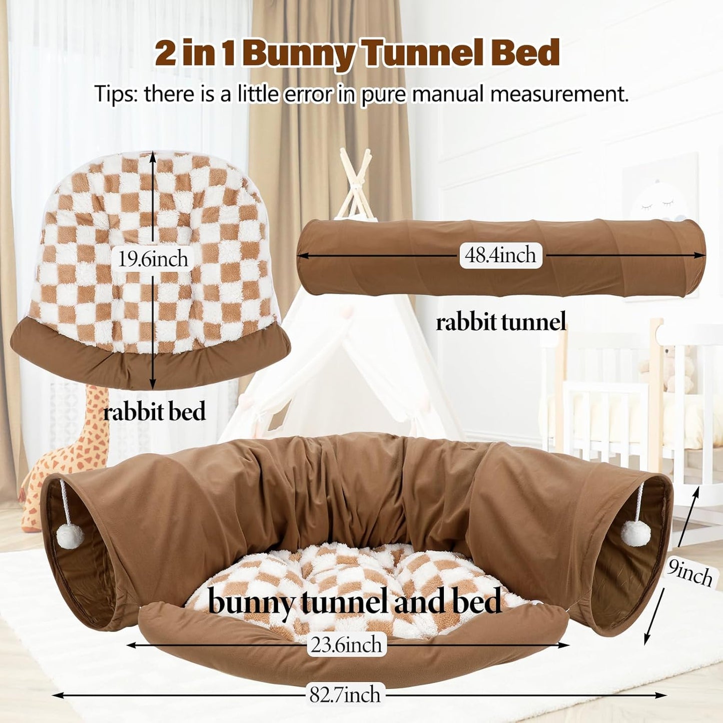 BWOGUE Bunny Tunnel Bed, 2-in-1 Collapsible Tunnel Tubes Toys with Removable Mat Hideout for Cats Kittens Rabbits Guinea Pigs Kitty (Coffee)