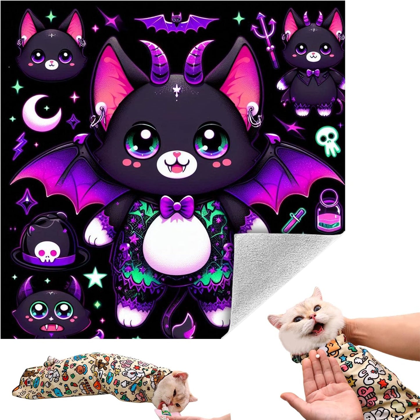 Cat Grooming Wrap, Self-Adherent Soft Cat Blanket to Wrap, Nail Clipping, Anti-Bite, Anti-Scratch, Anti-Escape Calming Wrap (Halloween, 6-10 lbs)