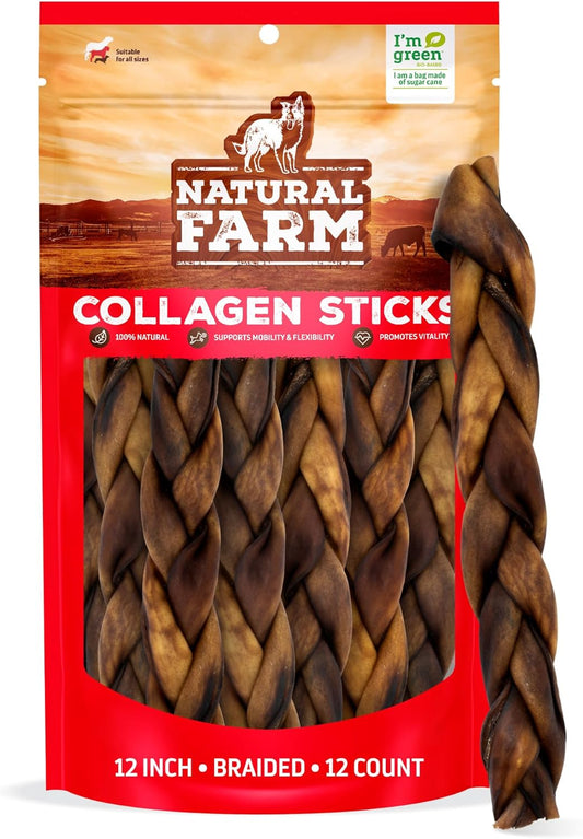 Natural Farm Odor Free Braided Collagen Chews for Dogs (12 Inch, 12 Pack), Collagen Sticks, Natural Dog Chews, Long Lasting, for Small, Medium and Large Dogs, Odor-Free, Rawhide Alternative