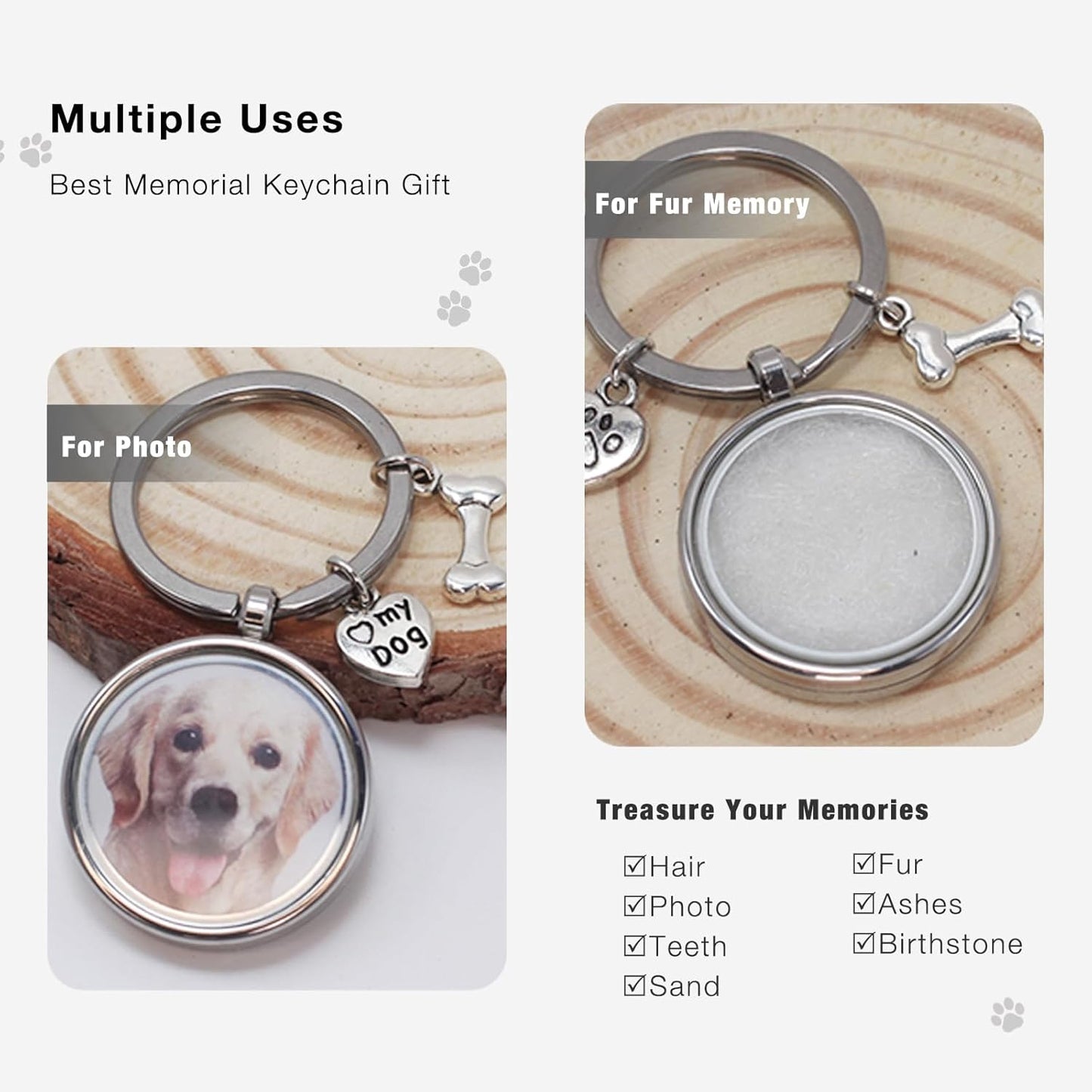 Pet Memorial Keychain for Dogs – Stainless Steel Locket with Photo & Fur Keepsake, Heart & Bone Charms, Pet Loss Memorial Gift for Dog Lovers