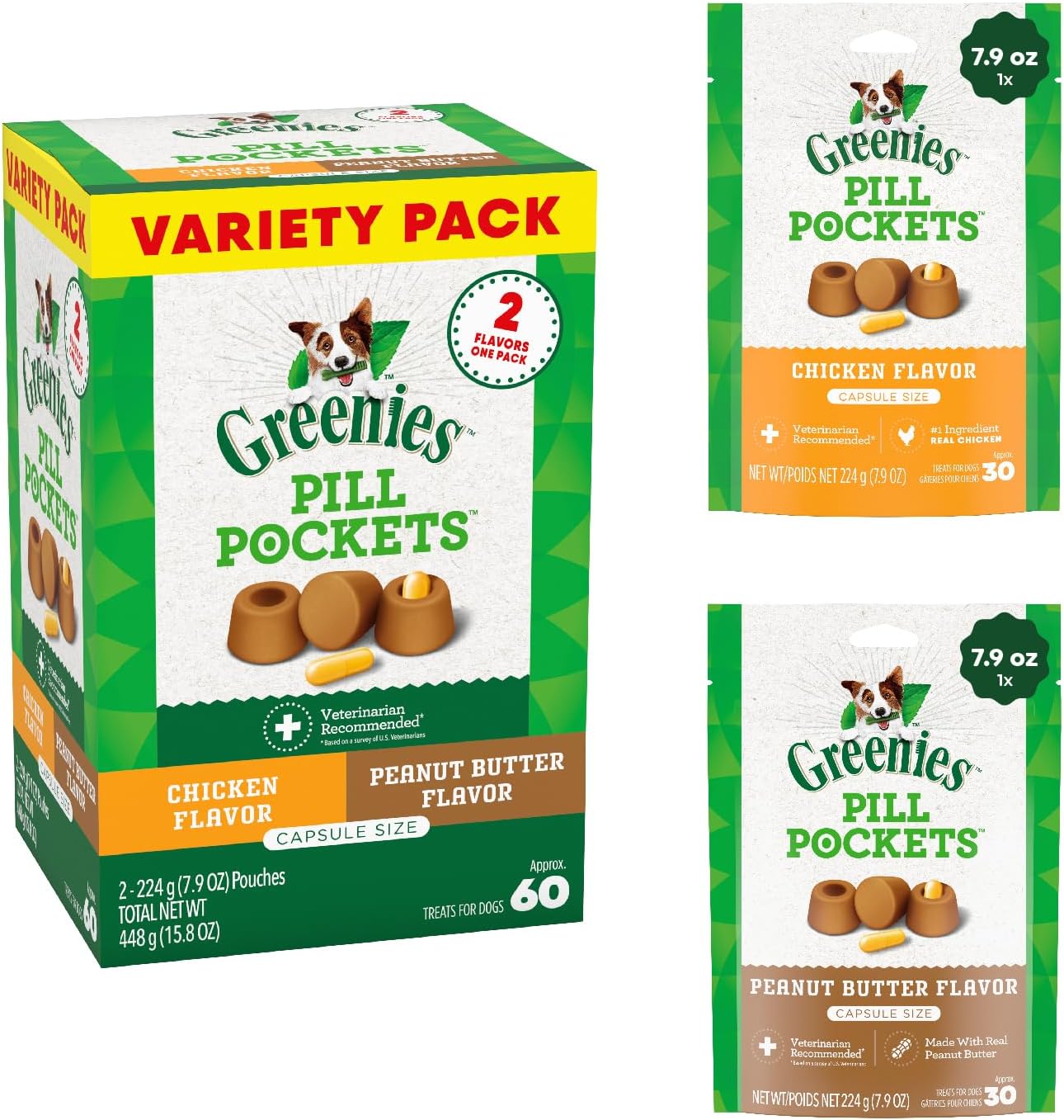 Greenies Pill Pockets for Dogs Large Size, Soft Dog Treats, 15.8 oz. Pouch Variety Pack, Two Flavors (60 Treats)