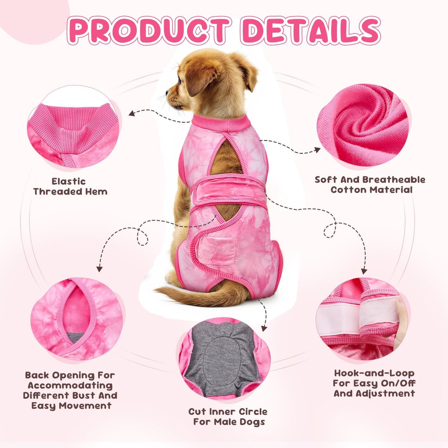 Lukovee Dogs Recovery Suit - Adjustable Dog Onesie for Female Male Dogs, Breathable Anti Licking Cone Alternative Surgery Pet Surgical Body Suit After Spay Abdominal Wounds Neuter (M, Pink Tie-dye)