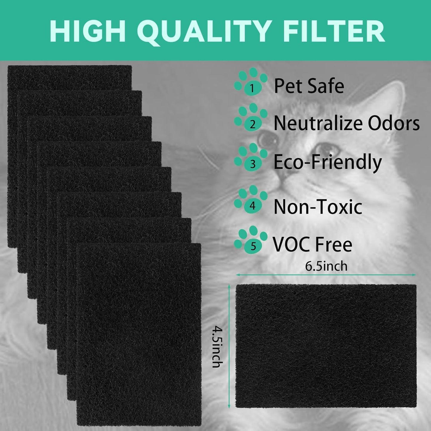 8 Pcs Charcoal Filters Compatible with Van Ness Cat Litter Box, 4.5 x 6.5Inch Replacement Activated Carbon Premium Odor Filters for Pureness F6 Zeloite Air Filter, Black