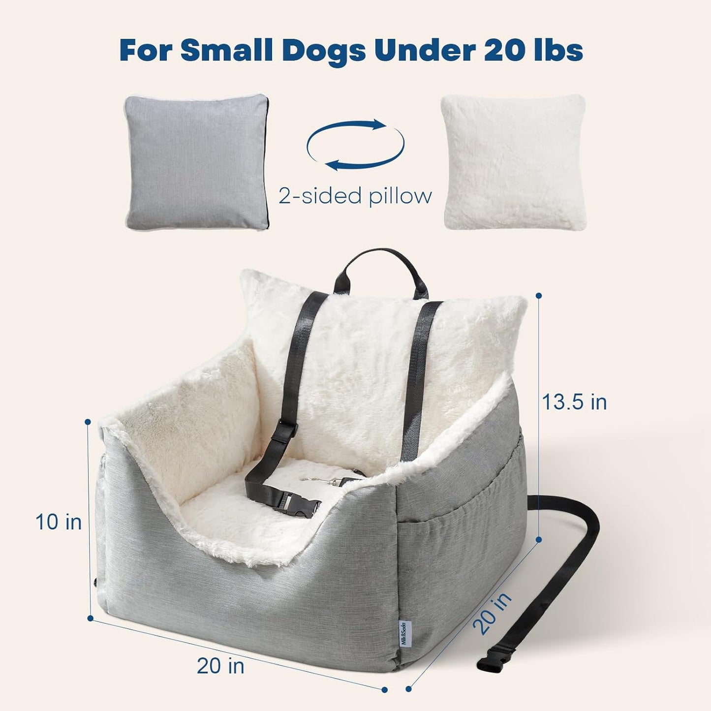 Milk and Soda Small Dog Car Seat Bed for Small Dogs Under 20 LBS with 2-Sided Pillow, Side Pockets, Built-in Leash, Machine Washable Cover, Light Gray (Gray, Small)