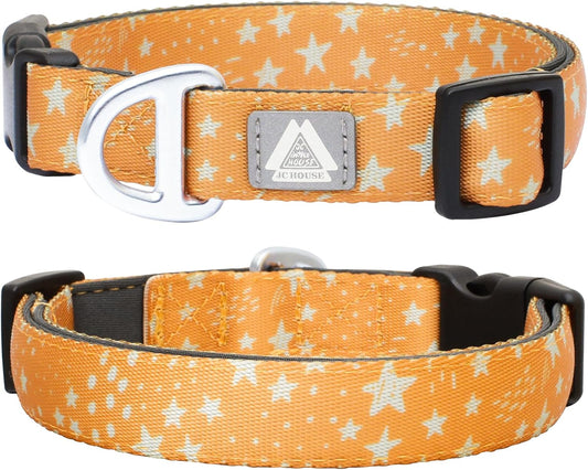 Fall Dog Collar, Cute Star Pattern Brown Collars for Girl & Boy,Reflective,Soft Padded Neoprene,Fully Adjustable,Durable & Lightweight Large Dog Collar, (Star, L)