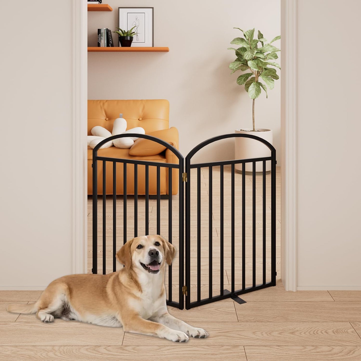 2 Panles Full Matel Freestanding Dog Gates with Door, 48"Extra Wide 32"Tall Free Standing Dog Pet Gate for Indoor & Outdoor. Foldable Pet Fences for Doorways, House, Stairs, Porch, Deck, Yard