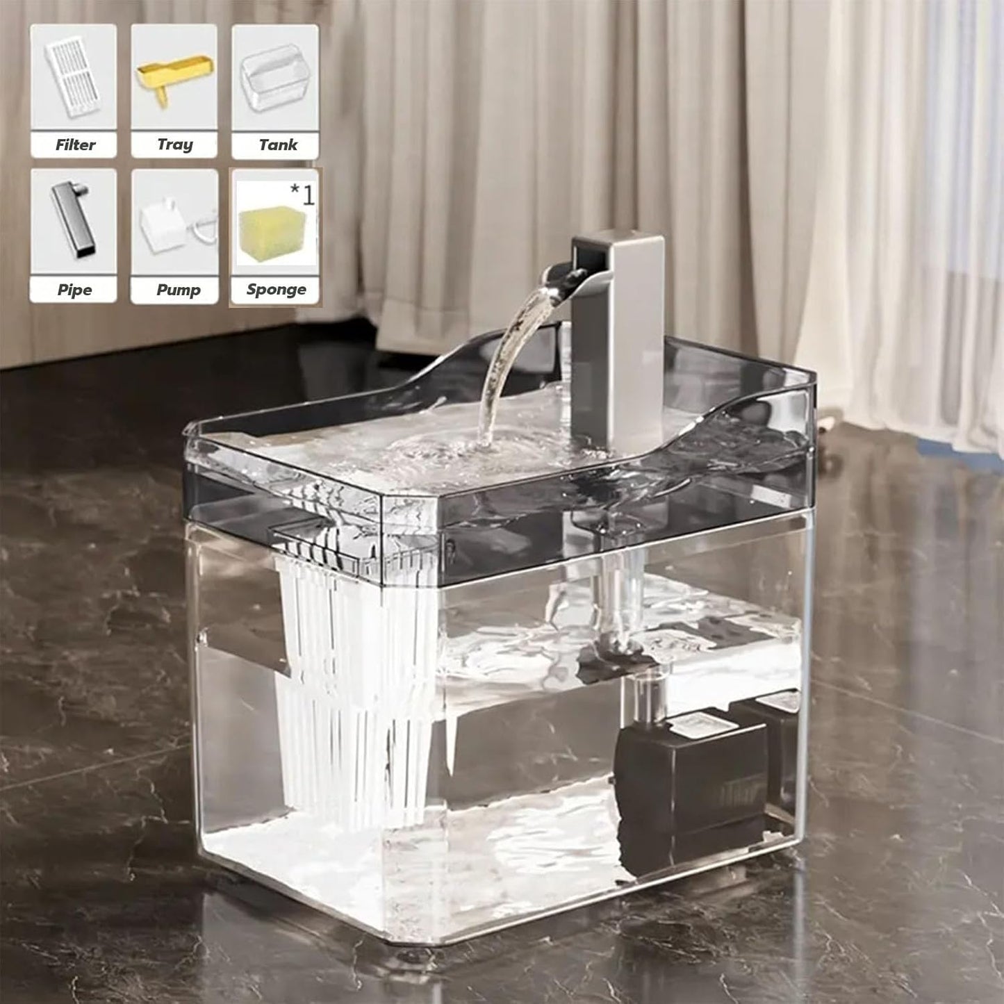 Plastic Cat Water Fountains Transparent and Visible Tank,50.7Oz/1.5L Cat and Dog Drinking Bowl Water Foutain Indoor Easy to Clean Small Pet Water Fountain with Quiet Pump