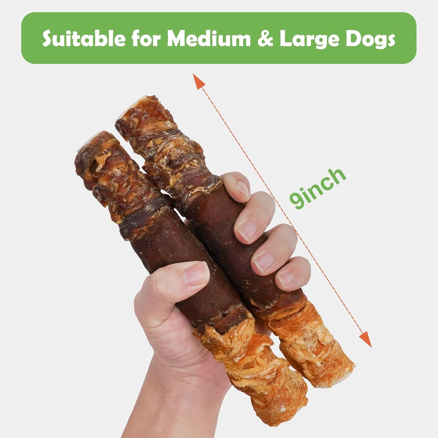 MON2SUN Dog Treats Triple Flavor 9 Inch Chicken Liver Duck and Chicken Wrapped Rawhide Rolls, Teeth Cleaning and Long Lasting Chews for Medium and Large Dogs, 22.2 oz(4 Count)