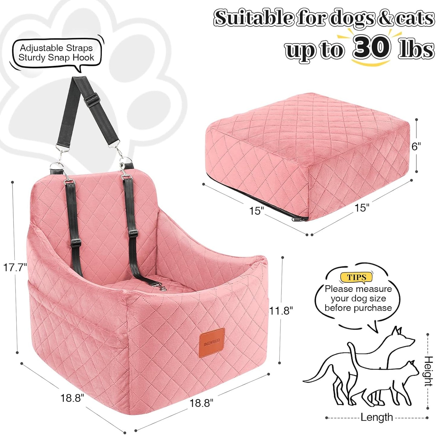 Dog Booster Car Seat for Dogs up to 35lbs, Safety Pet Car Seats with Anti-Slip Bottom, Travel Booster Dog Bed with 2 Storage Pockets (Pink, Medium)