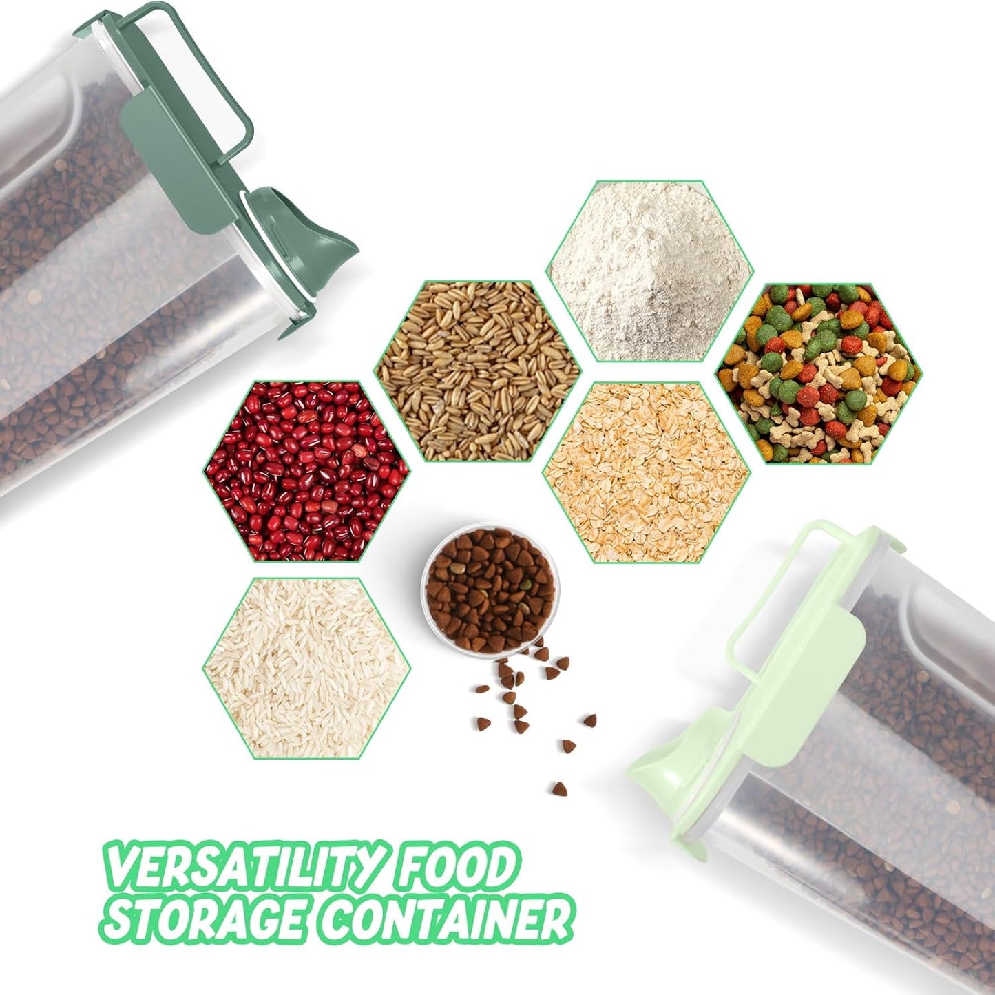 Dog Food Storage Container, Upgraded Large Nozzle BPA-free, 3-5 LBS Plastic Pet Food Storage Containers, With 4 Sealed Clasps, 1 Measuring Cup and Handle (Green+Dark Green)