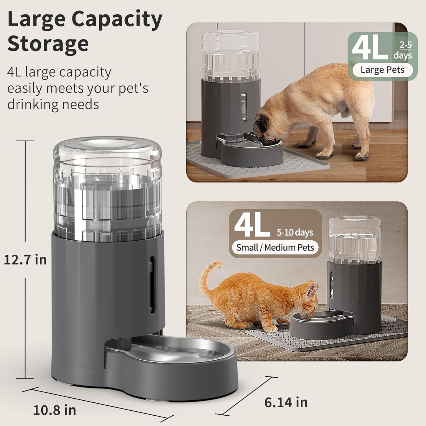 Cat Water Dispenser with Placemat and Stainless Steel Bowl, Automatic Gravity Water Dispenser for Cats or Small Medium Size Dogs, Large Capacity, Easy to Clean and Safe for Pets (4L)