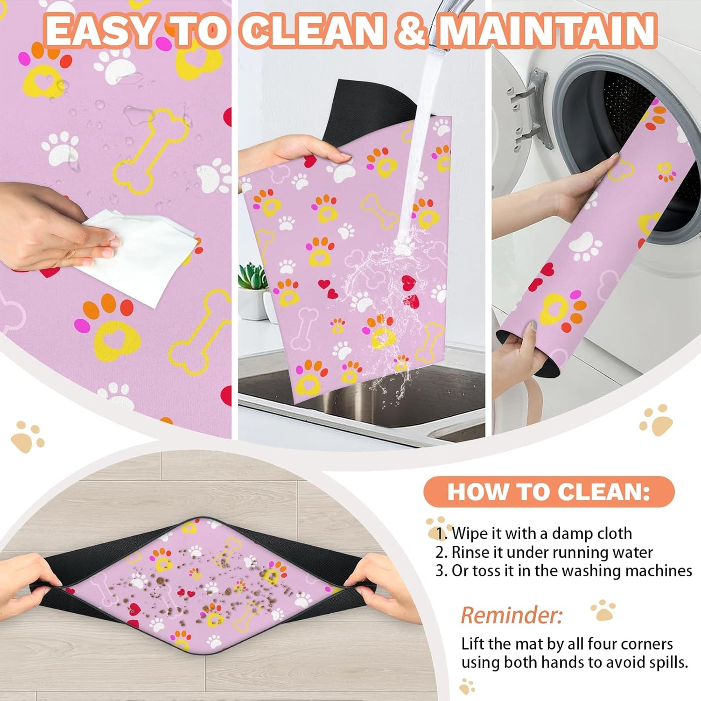 Pet Dogs Cats Food Mat, Pink Bone Dog Claw Pet Feeding Pad, 12 * 20 Inch Absorbent Dog Food Mat, Cat Dish Mat for Food and Water, Suitable for Dog Cat or Other Pets