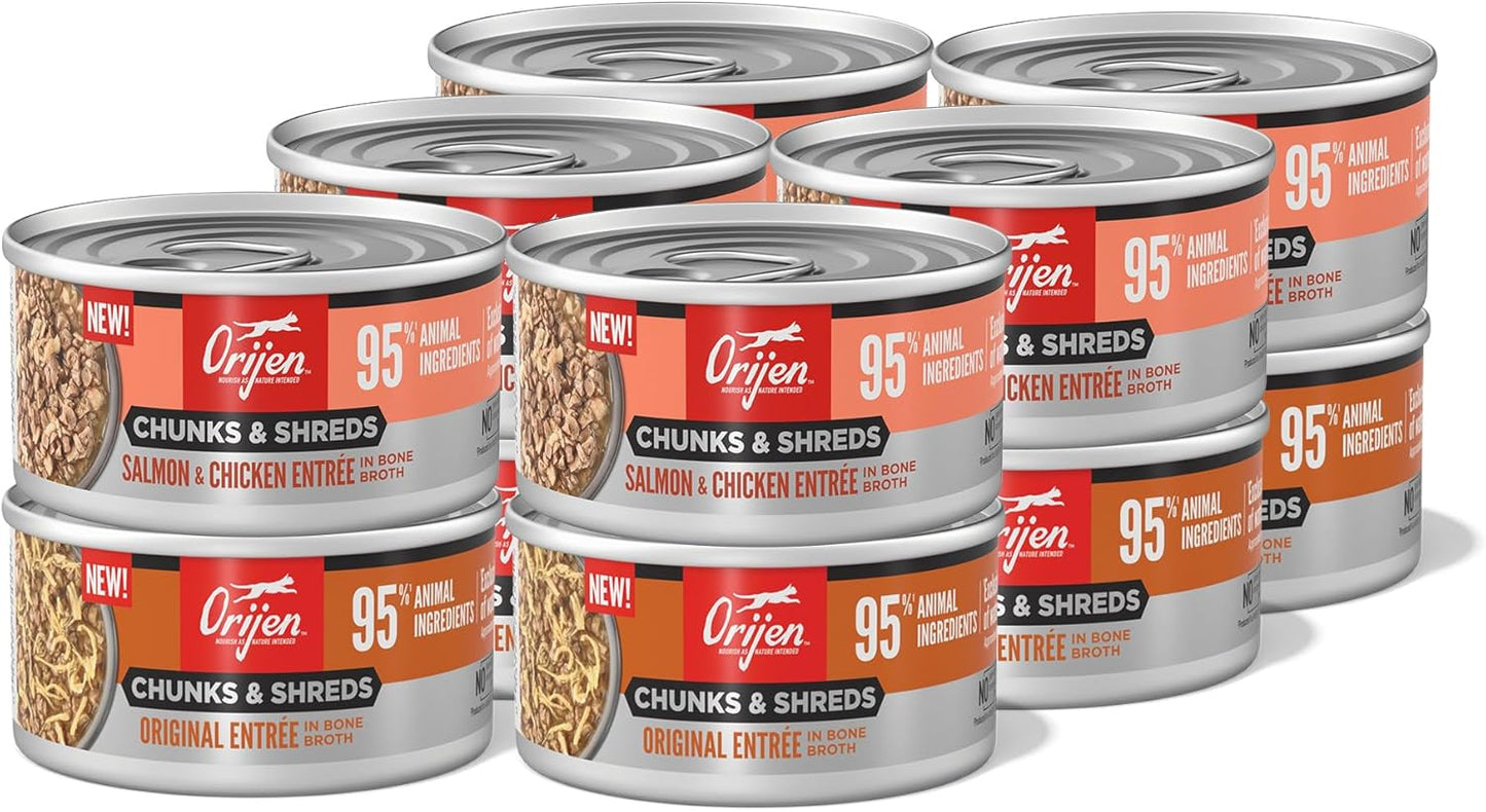 ORIJEN Chunks & Shreds Wet Cat Food Variety Pack: Original + Salmon & Chicken Entrées 3oz Cans (12 Count, 6 of Each)