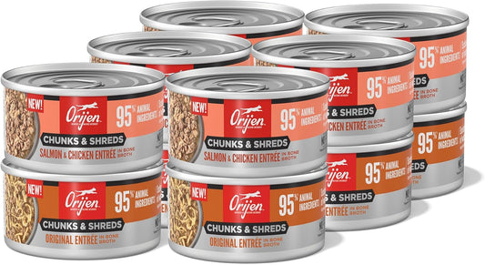 ORIJEN Chunks & Shreds Wet Cat Food Variety Pack: Original + Salmon & Chicken Entrées 3oz Cans (12 Count, 6 of Each)