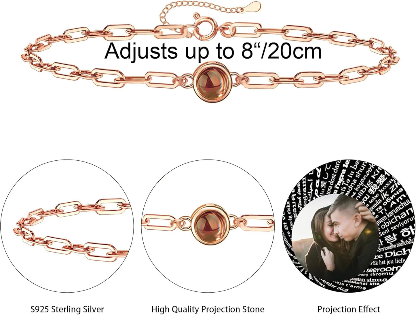 Personalized Photo Projection Bracelet 925 Sterling Silver Projection Bracelet with Picture Inside,I Love You 100 Languages Photo Round Pendant Bracelet Gifts for Women Wife Birthday Anniversary