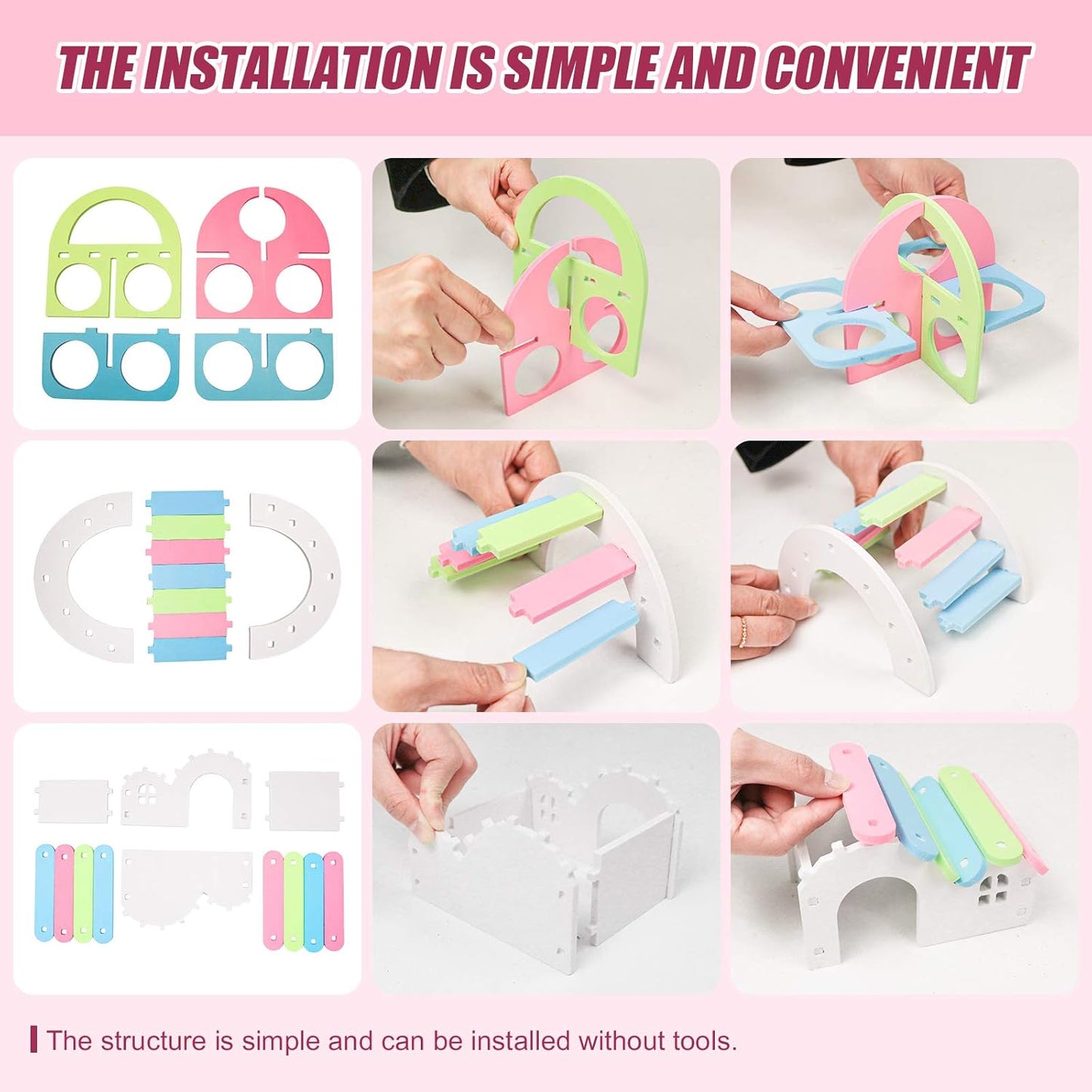 Dwarf Hamsters House DIY Wooden Gerbil Hideout Rainbow Bridge Swing and PVC Seesaw, Pet Sport Exercise Toys Set, Sugar Glider Syrian Hamster Cage Accessories, Suitable for Small Animal Habitat