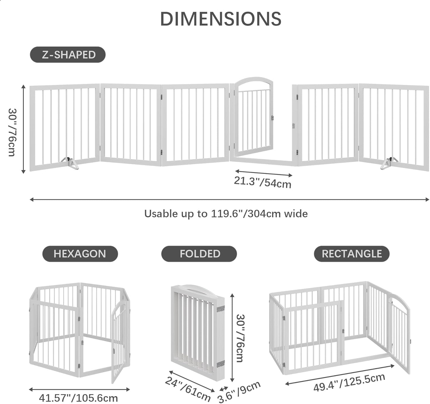 JSB 144-inch Extra Wide 30-inch Tall Dog gate with Door Walk Through, Freestanding Round Tube Pet Gate for Halls Stairs, Puppy Safety Dog Fence with 2PCS Support Feet (White)