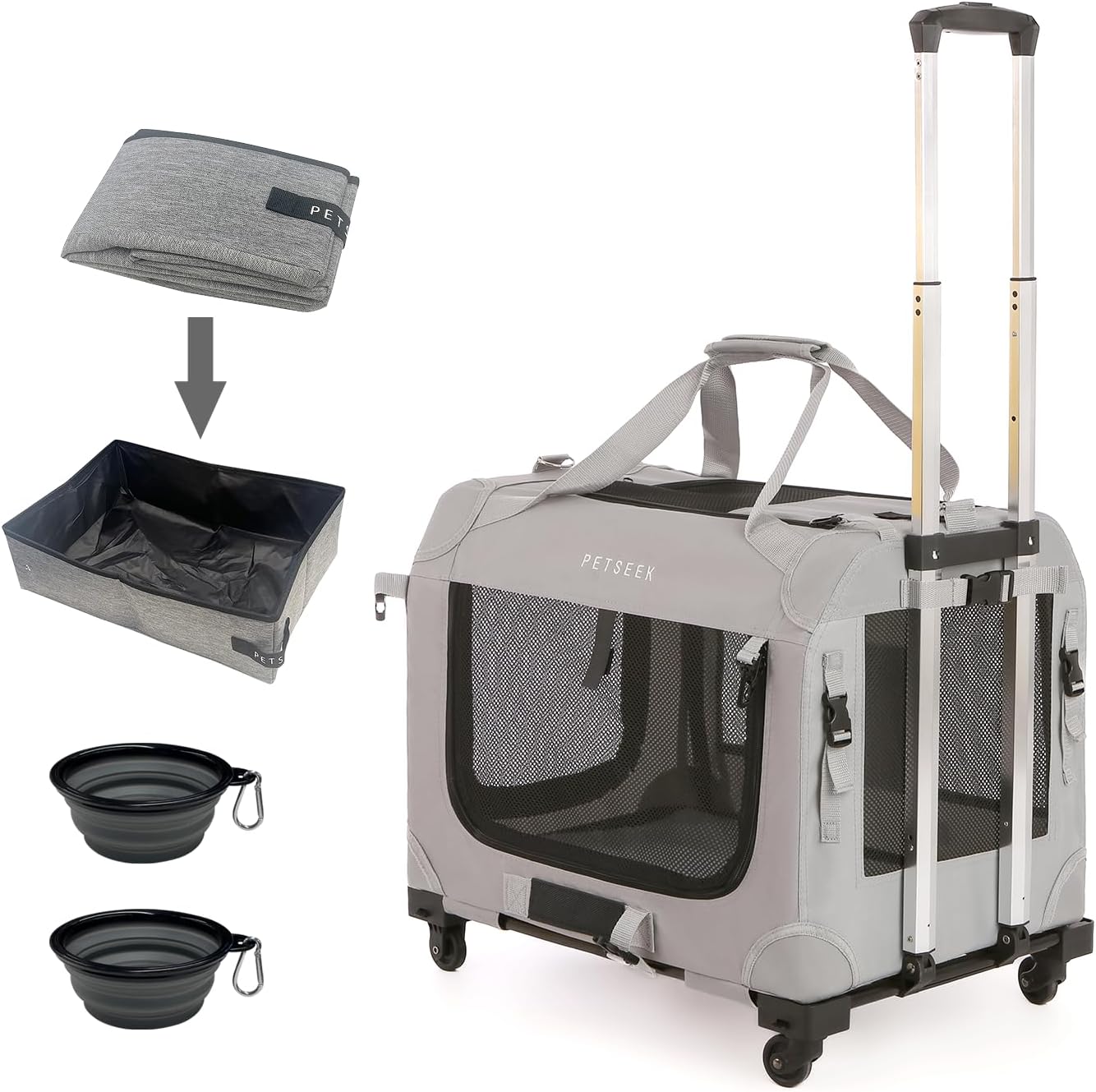 Extra Large Cat Carrier Soft Sided with Wheels Folding Small Medium Dog Pet Carrier 24"x16.5"x16" Travel Collapsible Ventilated Comfortable Design Portable Vehicle (with Litter Box)