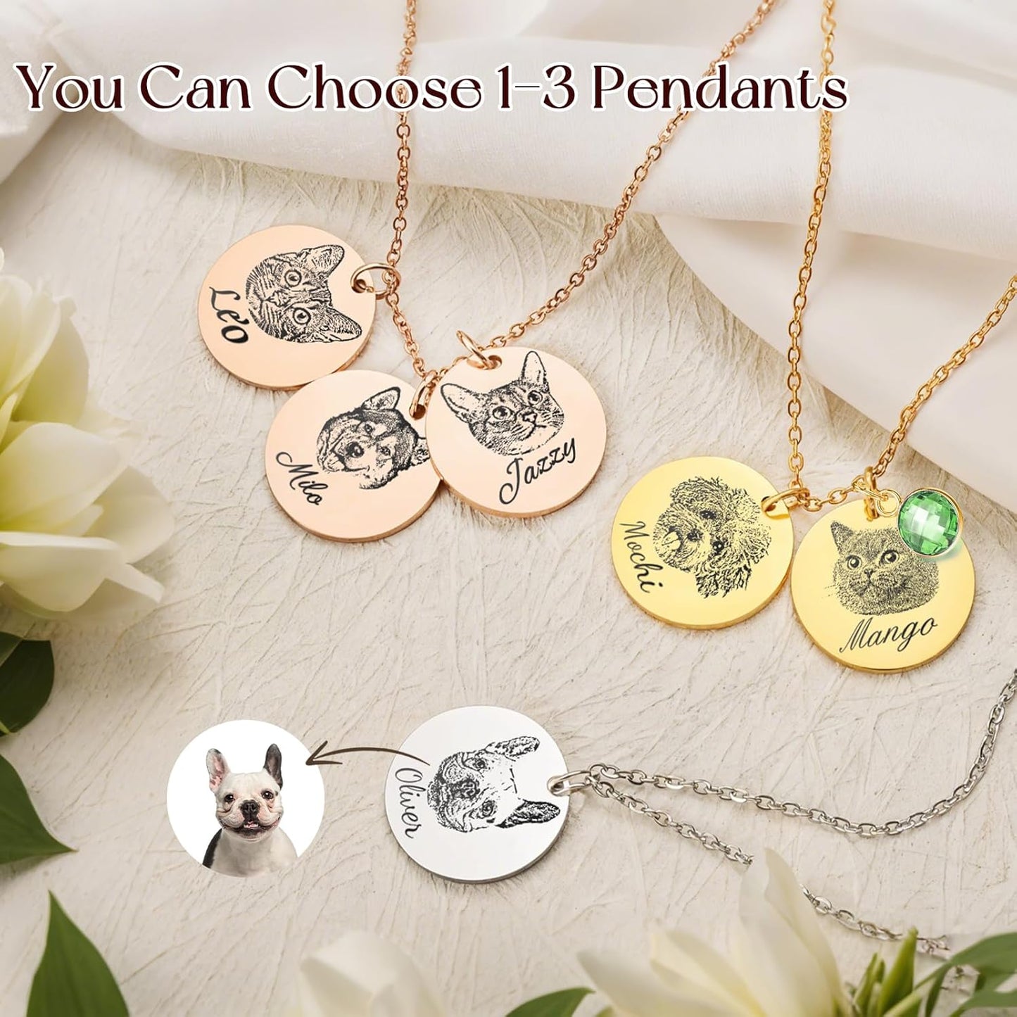 Personalized Pet Portrait Necklace Customized Pet Memorial Necklaces Dog Necklace for Women Custom Pets Necklaces Dog Memorial Jewelry for Cat Mom Dogs Dad (Gold 1 Portrait)