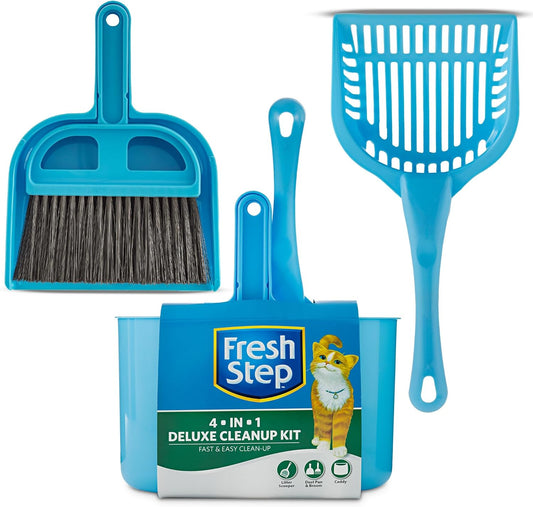 Fresh Step 4 in 1 Deluxe Cat Litter Cleanup Kit - Kitty Litter Cleaning Supplies Includes Cat Scoop, Dust Pan, Broom, and Caddy for Easy Clean Up