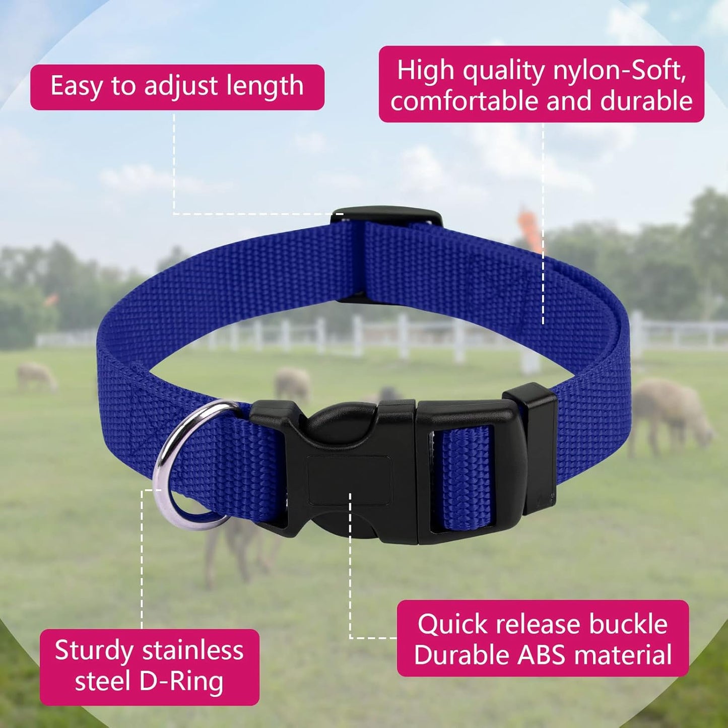 Goat Collars with Bell, 3 Pack Adjustable Sheep Collars with Quick Release Buckle Anti-Loss Bell, Durable Nylon pet Collar for Small Farm Goat Cow Horse Sheep