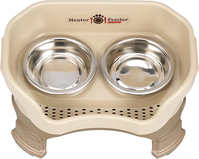 Neater Feeder Deluxe Mess Proof Cat Bowls Elevated for All Breeds – Made in USA – No Spill Raised Cat Bowls for Indoor Cats w/Leg Extensions – Stainless Steel Cat Food and Water Bowl Set - Beige